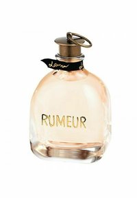 Tydlig glasparfymflaska med rundad form, ljusrosa vätska, guldtext "RUMEUR", och en bronsefärgad kork med en nyckelring och svart band som accent.