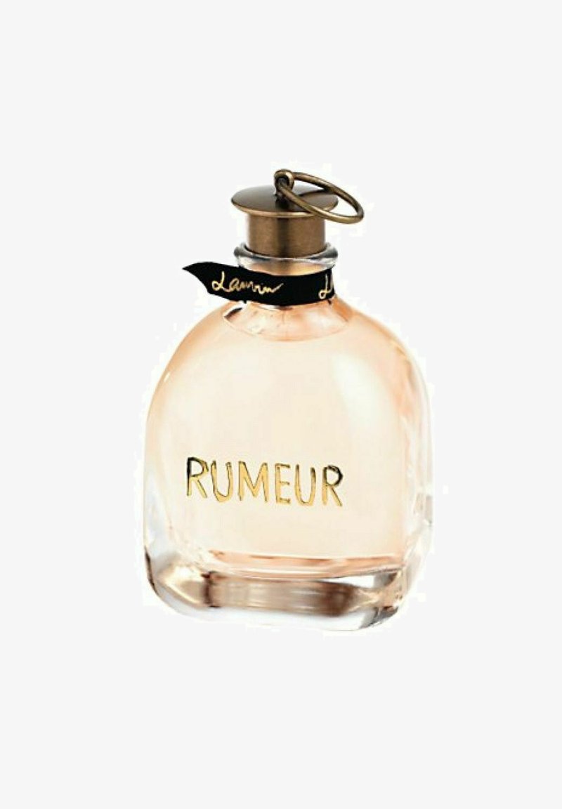 Tydlig glasparfymflaska med rundad form, ljusrosa vätska, guldtext "RUMEUR", och en bronsefärgad kork med en nyckelring och svart band som accent.