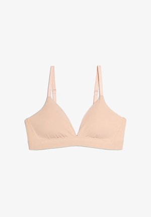 Soutien-gorge en tissu doux de couleur pêche, de forme triangulaire, avec des bretelles minces ajustables et sans armatures. Design sans couture avec un minimalisme dans les détails.