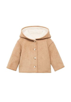 Veste à capuche beige avec doublure polaire blanche et quatre boutons sur le devant, conçue pour la chaleur et le confort.