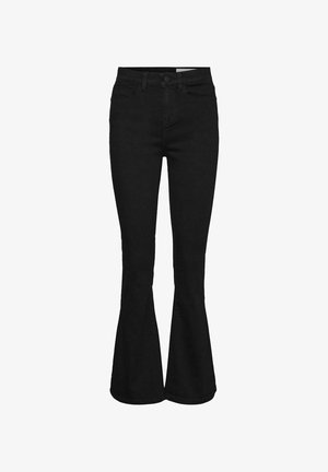 Schwarze ausgestellte Jeans aus Denim, mit hoher Taille, fünf Taschen und einer glatten Textur. Der Saum wird deutlich weit.