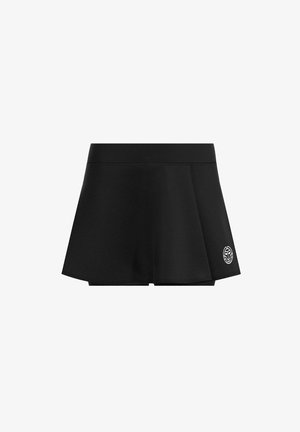 Falda skater negra, confeccionada en tejido suave, con una amplia cintura elástica y un logo en la parte inferior derecha. Diseño acampanado con textura lisa.