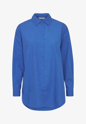 Blå långärmad skjorta med knappar som har en krage och en rak skärning. Tillverkad av ett mjukt tyg med en lätt glänsande yta.