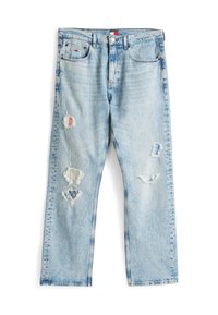 Helle blaue Denim-Jeans mit verwitterten Rissen und Patches. Gerader Schnitt mit sichtbaren Nähten und einem Knopfverschluss am Bund.