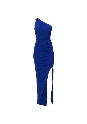 Μπλε φόρεμα με έναν ώμο από ελαστικό ύφασμα, με λεπτομέρειες ρίγας, ψηλό σκίσιμο και στενή γραμμή.