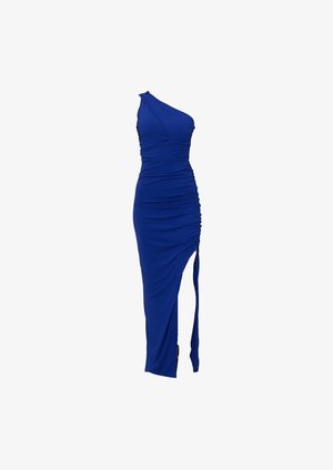 Μπλε φόρεμα με έναν ώμο από ελαστικό ύφασμα, με λεπτομέρειες ρίγας, ψηλό σκίσιμο και στενή γραμμή.