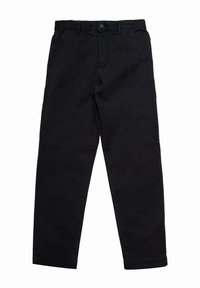 Svarte bomullsbukser med rett passform, utstyrt med knappelukking, beltehemper og sidelommer. Jevn tekstur uten mønster.