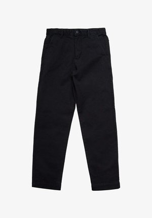 Pantalones negros de algodón con un corte recto, con cierre de botón, trabillas para cinturón y bolsillos laterales. Textura lisa sin patrones.