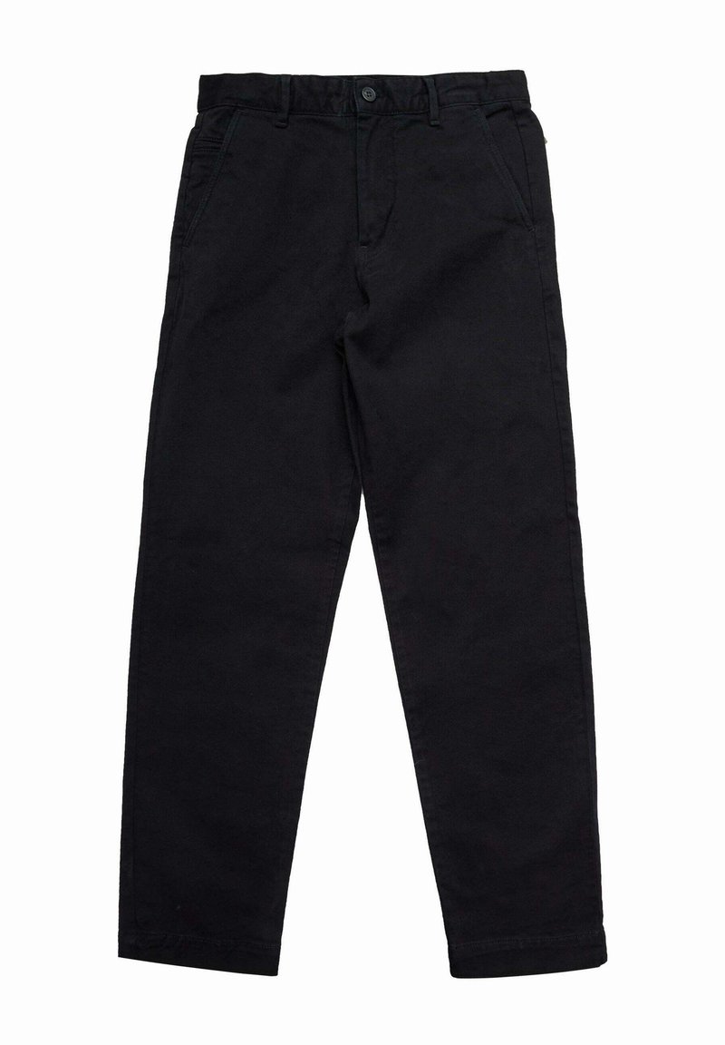 Svarte bomullsbukser med rett passform, utstyrt med knappelukking, beltehemper og sidelommer. Jevn tekstur uten mønster.
