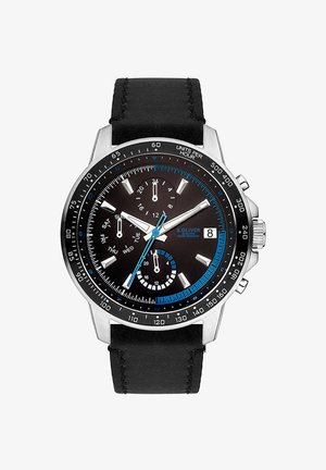 Chronograph watch with a stainless steel casing, black dial, blue accents, three sub-dials, and a black leather strap. Water-resistant feature included.
