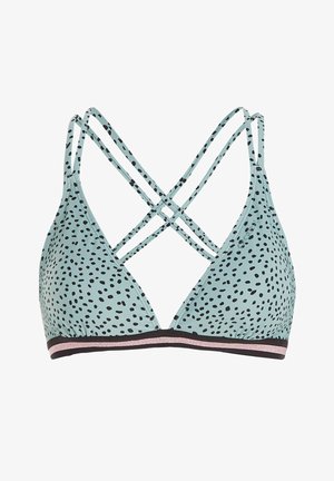 Lyseblå bikinioberdel med sorte prikker, trekantede skåle og krydset stropper. Dekorativ sort og roseguld bånd ved bunden.