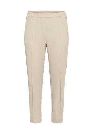 Beige tailored trousers with a flat waistband, tapered legs, and a smooth, lightweight fabric. Features two front pressed creases.