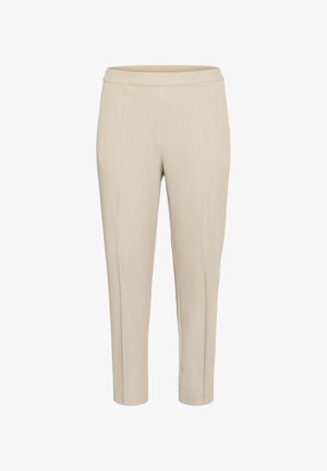 Bež hlače s prilagojenim krojem, ravnim pasom, zoženimi nogami in gladkim, lahkim materialom. Imajo dva sprednja pregibna šiva.