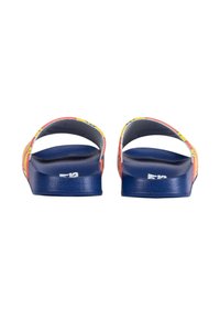 Blue rubber sandals with a textured insole and red-yellow patterned straps, featuring an open toe and a flat sole.