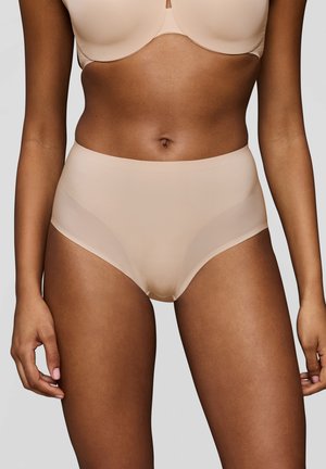 Mutande a vita alta beige realizzate in un tessuto morbido e elasticizzato con una sottile trama diagonale. Bordo senza cuciture e vestibilità confortevole.