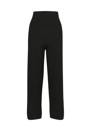 Pantaloni neri a gamba larga con un'alta cintura elastica, realizzati in tessuto morbido. Il design non presenta cuciture o motivi visibili.