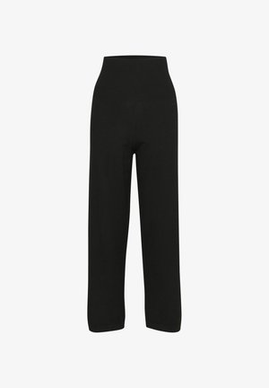 Melnas plašas bikses ar augstu elastīgu jostasvietu, izgatavotas no mīkstas auduma. Dizainā nav redzamu šuvju vai rakstu.