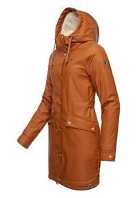 Brown waterproof parka with a hood, featuring a shearling lining, snap closures, and two front pockets. Smooth texture and tailored fit.
