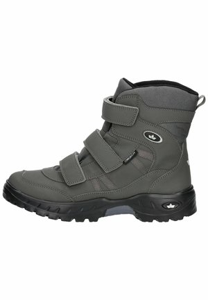 Grau wasserdichter Stiefel mit drei Klettverschlüssen, gepolstertem Kragen, strukturiertem Obermaterial, Gummisohle und verstärktem Zehenbereich für Langlebigkeit.