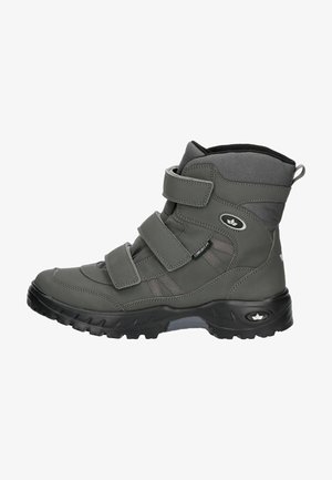 Grau wasserdichter Stiefel mit drei Klettverschlüssen, gepolstertem Kragen, strukturiertem Obermaterial, Gummisohle und verstärktem Zehenbereich für Langlebigkeit.