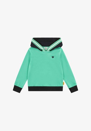 Mintgroene hoodie met een marineblauwe capuchon voorzien van witte strepen, zwart berenlogo op de borst en zwarte manchetten. Gemaakt van zacht katoen.
