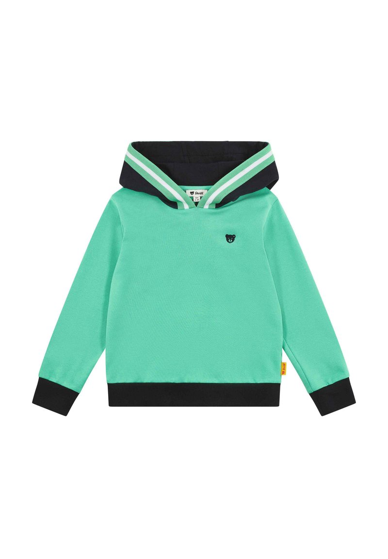 Felpa verde menta con cappuccio blu navy caratterizzata da strisce bianche, logo dell'orso nero sul petto e polsini neri. Realizzata in morbido cotone.