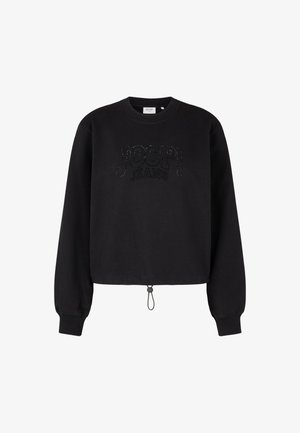 Zwarte cropped sweatshirt met lange mouwen, voorzien van geribbelde manchetten en een trekkoordonderrand. Het heeft een gestructureerd logo "JOOP! JEANS" op de voorkant.