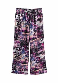 Brīvi pieguļoši bikses ar elastīgu jostu un aukliņu, ar daudzkrāsainu dabas rakstu, kurā attēloti koki, ziedi un brieži purpurā, rozā un melnā krāsā.