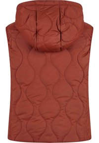 Gepolsterte ärmellose Weste in Rostfarbe, mit Kapuze und Wellenmuster-Stich, aus leichtem, weichem Material hergestellt.