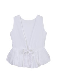 Top bianco senza maniche con scollo a V profondo, vita arricciata e dettaglio a fiocco. Realizzato in tessuto leggero, presenta un design peplum.