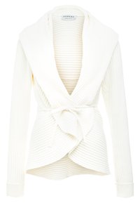 Cárdigan blanco de punto con un amplio cuello chal, diseño envolvente y cinturón de lazo, que presenta textura acanalada y mangas largas.