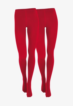 Leggings rouges en tissu extensible, avec une texture lisse, un design à longueur complète et une large ceinture pour le confort.