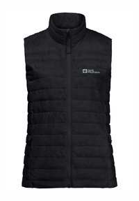 Gilet isolante nero con design a trapuntatura orizzontale, colletto alto e zip anteriore. Presenta il logo sul petto a sinistra e tasche laterali.