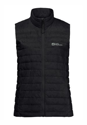 Gilet isolante nero con design a trapuntatura orizzontale, colletto alto e zip anteriore. Presenta il logo sul petto a sinistra e tasche laterali.