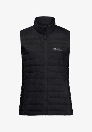 Gilet isolante nero con design a trapuntatura orizzontale, colletto alto e zip anteriore. Presenta il logo sul petto a sinistra e tasche laterali.