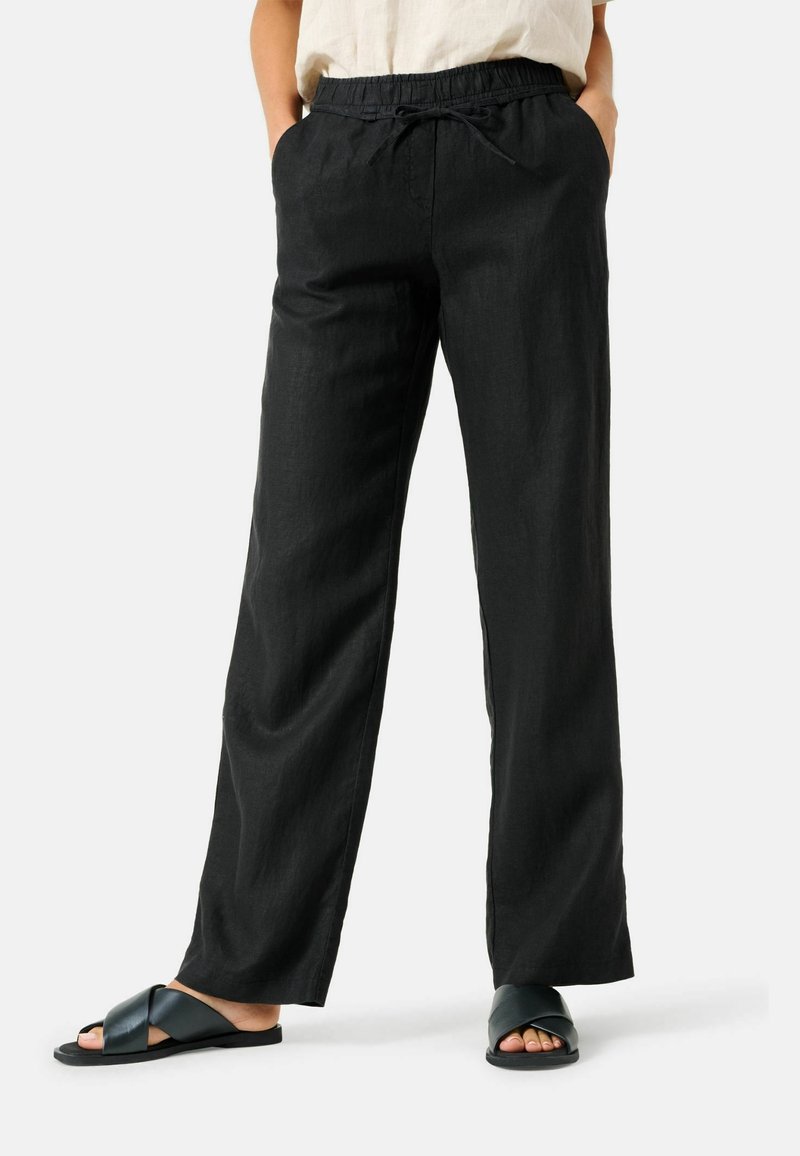 Pantalon ample en lin noir avec taille élastique et cordon de serrage, porté avec des sandales noires à brides croisées et une chemise légère rentrée.