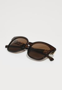 Braune Sonnenbrille mit einem stabilen, quadratischen Rahmen, aus glattem Kunststoff-Material und subtilen goldenen Akzenten an den Bügeln.