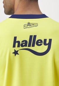 Gelbes Sporttrikot mit einem dunkelblauen Kragen, großem "halley"-Text mit einem Stern-Detail und einem auf dem Rücken aufgedruckten Logo "YASA FENERBAHÇE".