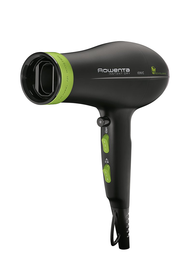 Sèche-cheveux ionique Rowenta Instant Dry noir et vert avec des boutons pour la chaleur, la vitesse et l'air frais, plus le logo d'intelligence écologique.