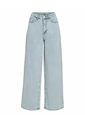 Jeans bleu clair à jambe large avec une taille haute, en denim, dotés de passants de ceinture, de poches avant et d'une fermeture à bouton.