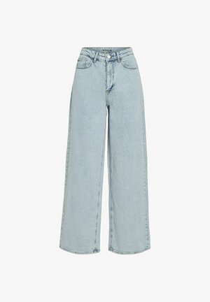 Jeans bleu clair à jambe large avec une taille haute, en denim, dotés de passants de ceinture, de poches avant et d'une fermeture à bouton.
