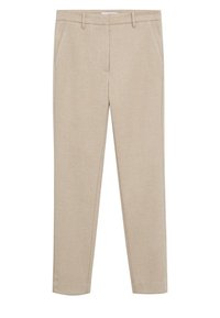 Pantalon beige ajusté en tissu texturé. Il comprend des poches latérales, une coupe slim et une coupe droite.