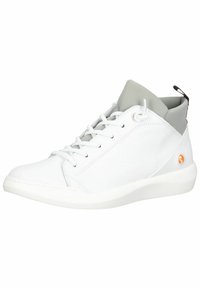 Weißer High-Top-Sneaker mit glattem Lederobermaterial, grauen Akzenten am Schaft und einer weißen Gummisohle. Verfügt über ein Schnürdesign und ein Logo.