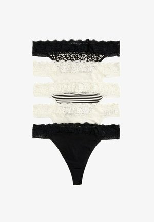 Set van vijf tanga's met kant en katoen. Kleuren zijn zwart, wit en gestreepte patronen. Geborduurde kantdetails aan de randen.