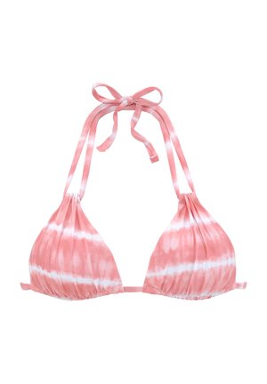 Bikini gornji dio u pink tie-dye uzorku s trokutastim šalicama, podesivim vezicama oko vrata i leđa te mekim, teksturiranim materijalom.