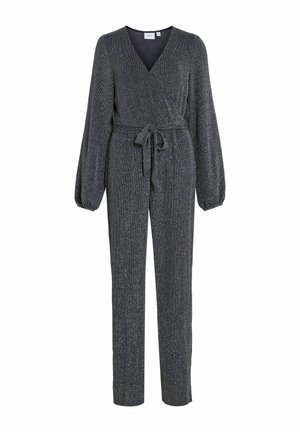 Szary kombinezon z długim rękawem, z dekoltem w serek, wiązany w talii, o luźnym kroju. Wykonany z teksturowanej, błyszczącej tkaniny. Prosta sylwetka nogawek.