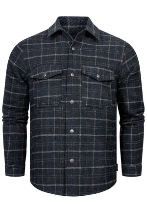 Plaid flannel shirt in dark blue and gray. Features two chest pockets, silver buttons, and a collar. Long sleeves with buttoned cuffs.