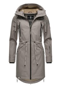 Grijze hooded jack met een gevoerde binnenkant, meerdere ritszakken, verstelbare trekkoorden en logo-accenten. Gelaagd buitenmateriaal.