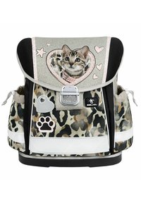 Leopardenmuster-Rucksack in Grau und Beige, mit einer Katzenillustration in einem pinken Herzen, silberner Hardware und dekorativen Akzenten.