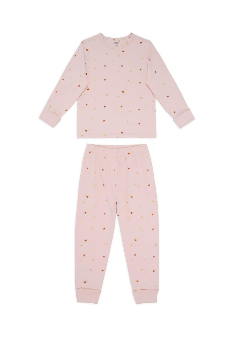 Jasnoróżowy komplet piżamowy z długim rękawem, składający się z bluzki i spodni, ozdobiony małymi nadrukami kwiatów i gwiazd. Miękka tkanina, elastyczny pas w spodniach.